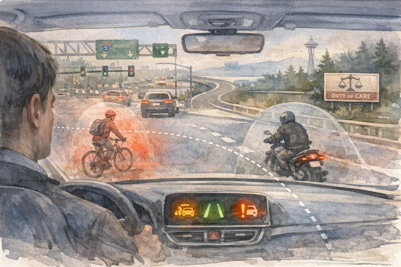 Driver's view from inside a car on a highway with a bicyclist crossing left and a motorcyclist ahead right, dashboard collision warnings and sensor highlights