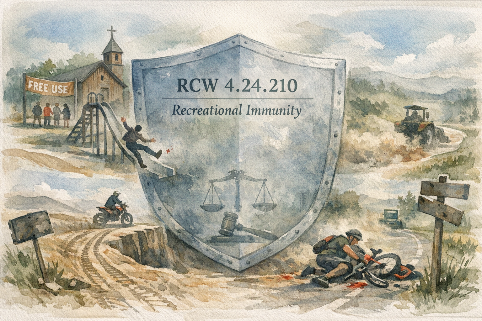 Watercolor of a shield reading RCW 4.24.210 Recreational Immunity with scales and gavel, surrounded by outdoor injury scenes.