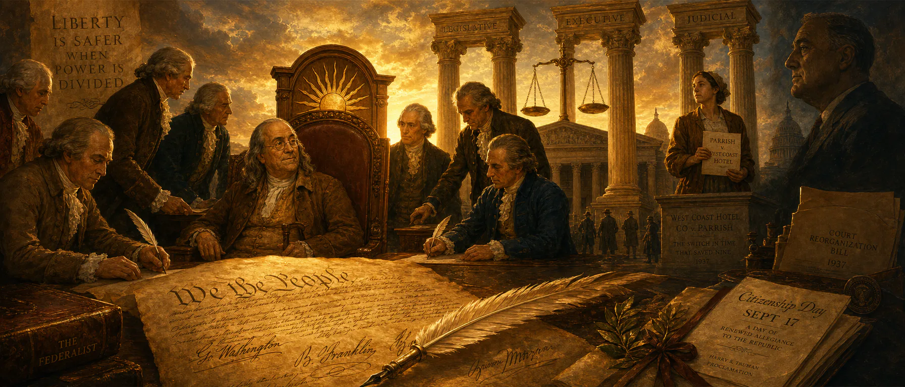 Summary for the artist — main themes and visual cues - Core idea: the Constitution’s lasting authority comes from its structure of divided powers and legal rest
