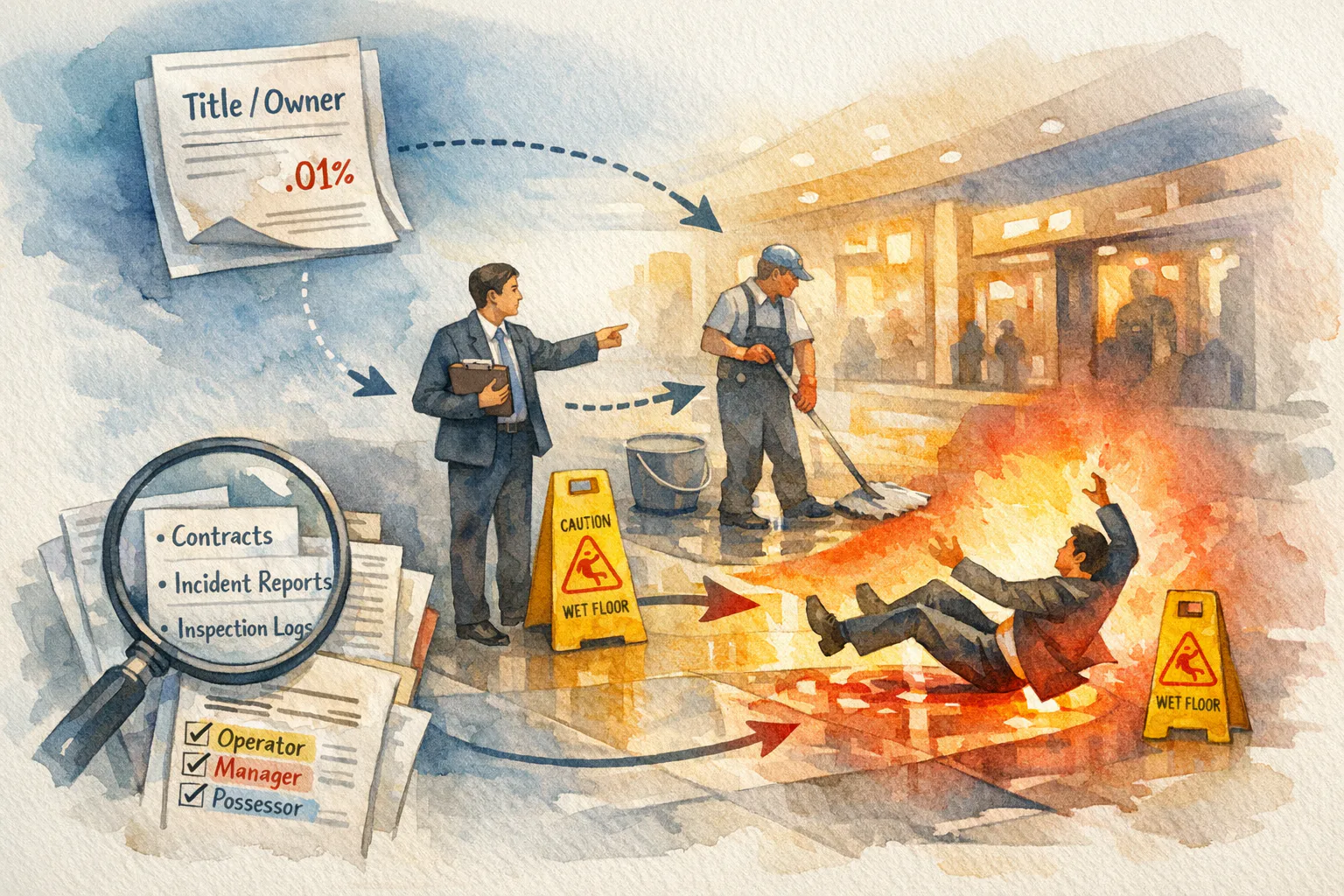 Illustration of a manager pointing at a janitor mopping near wet floor signs as a businessman slips, with magnified documents listing contracts, incident reports
