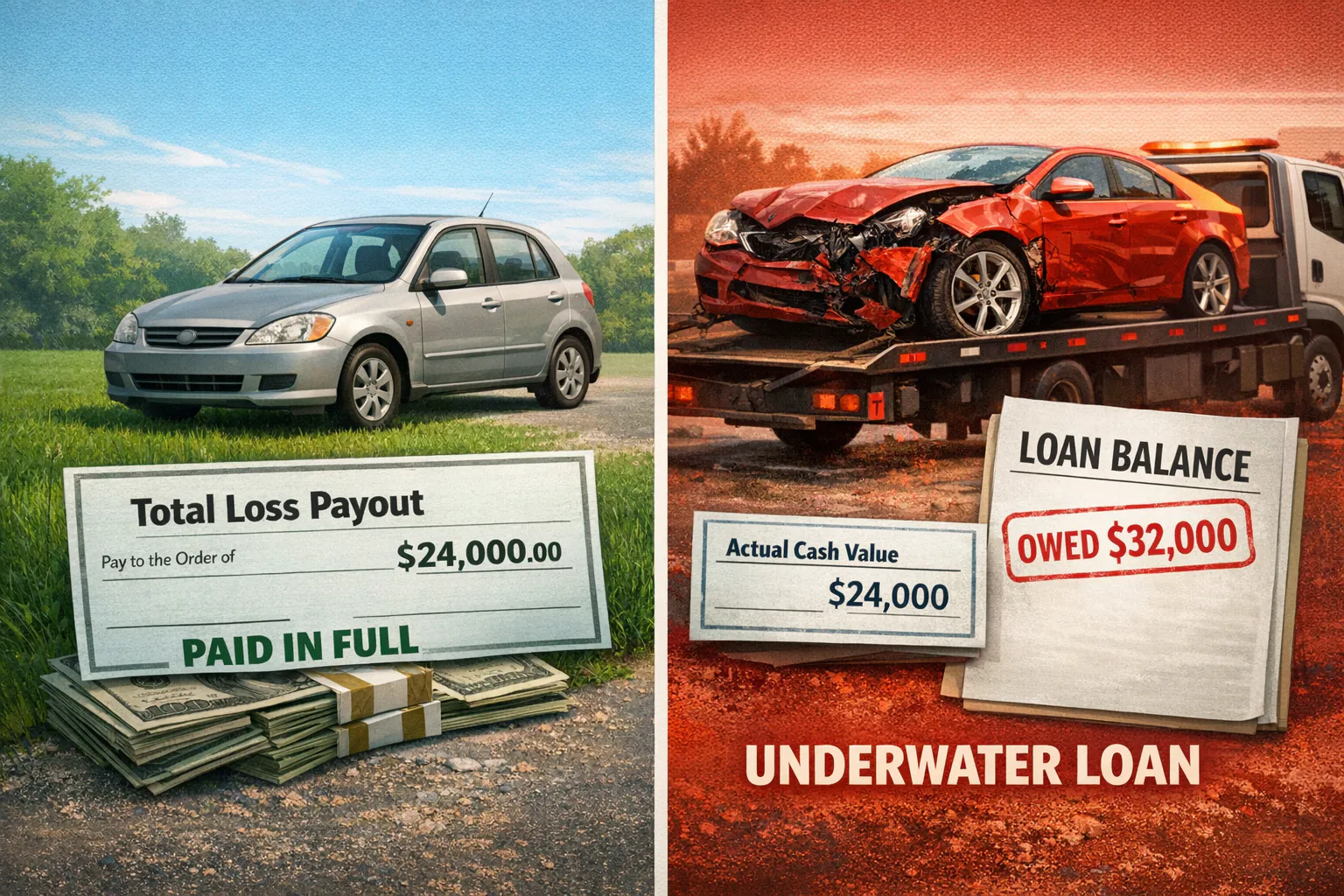 Split image: left intact silver car with $24,000 payout paid in full; right wrecked red car on a tow truck with $24,000 value but $32,000 loan owed