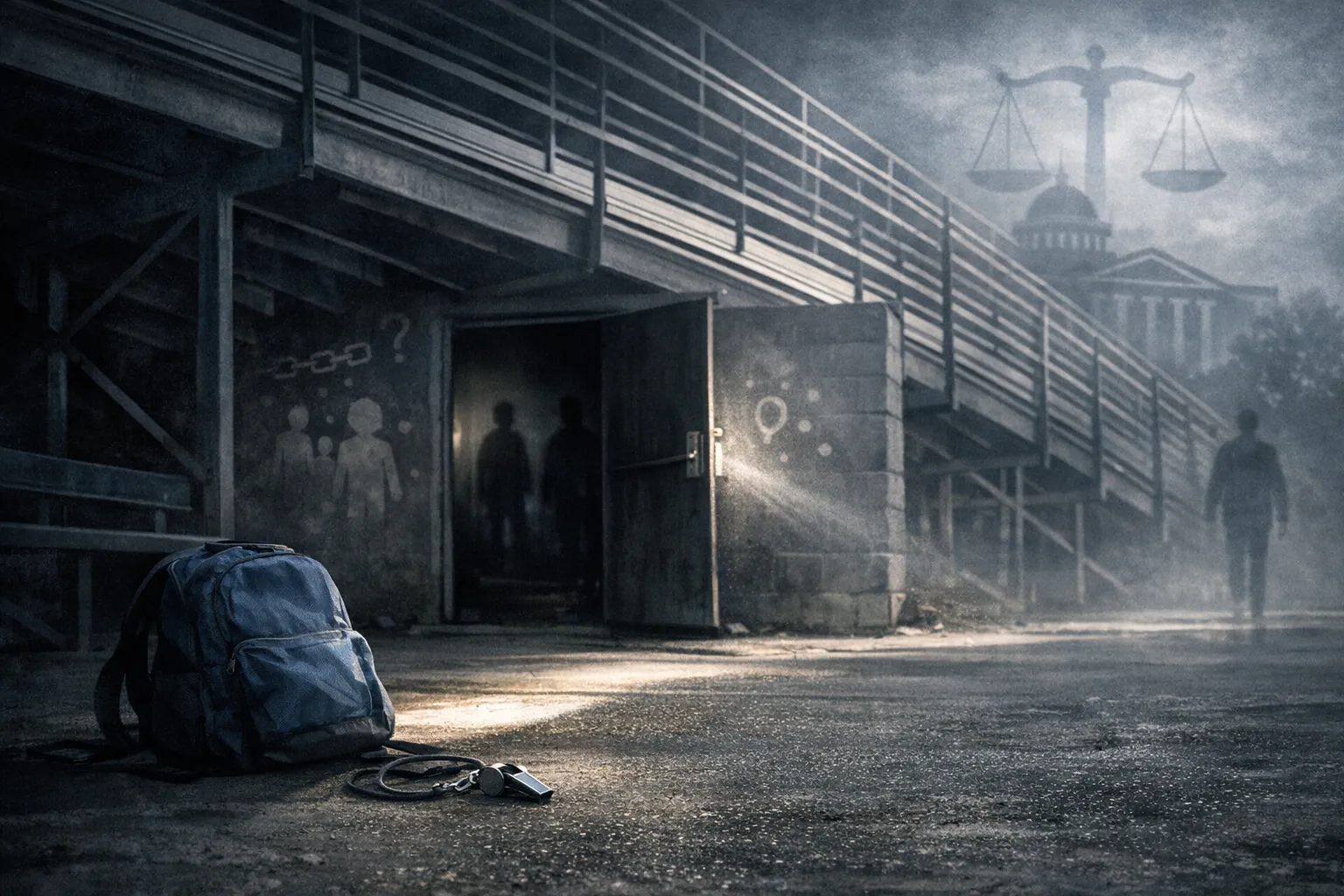 Abandoned backpack and whistle on pavement under stadium bleachers, open doorway with shadowy figures inside, foggy courthouse and balancing scales looming above.