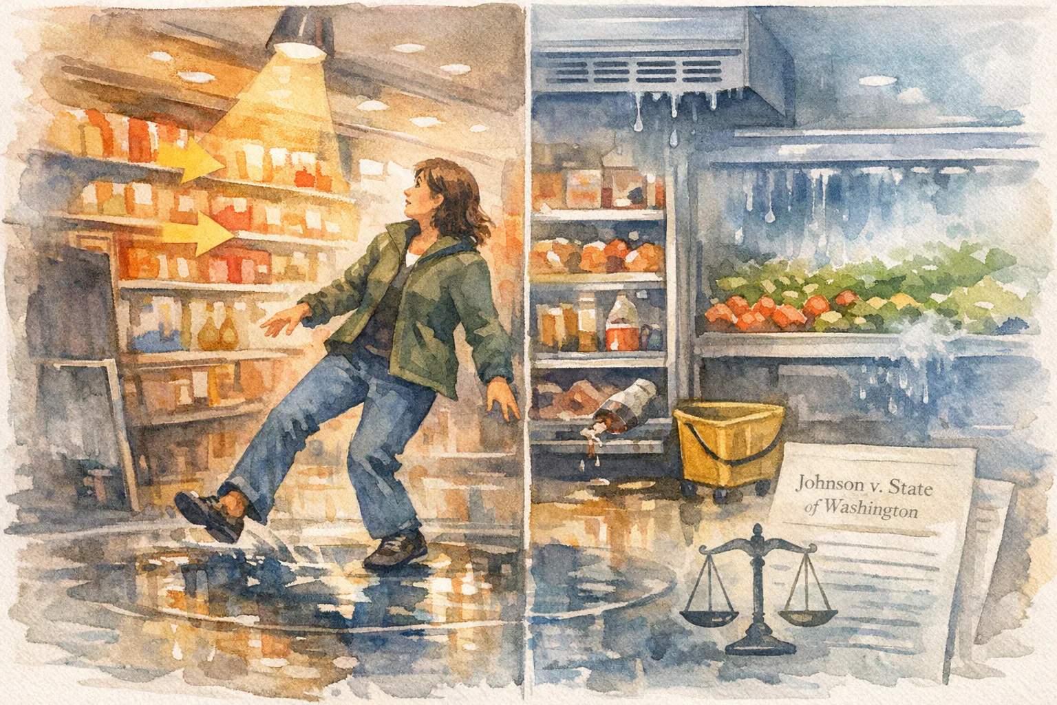 Woman slipping on wet grocery floor from a ceiling leak, spilled produce and mop bucket, with a legal paper titled Johnson v. State of Washington