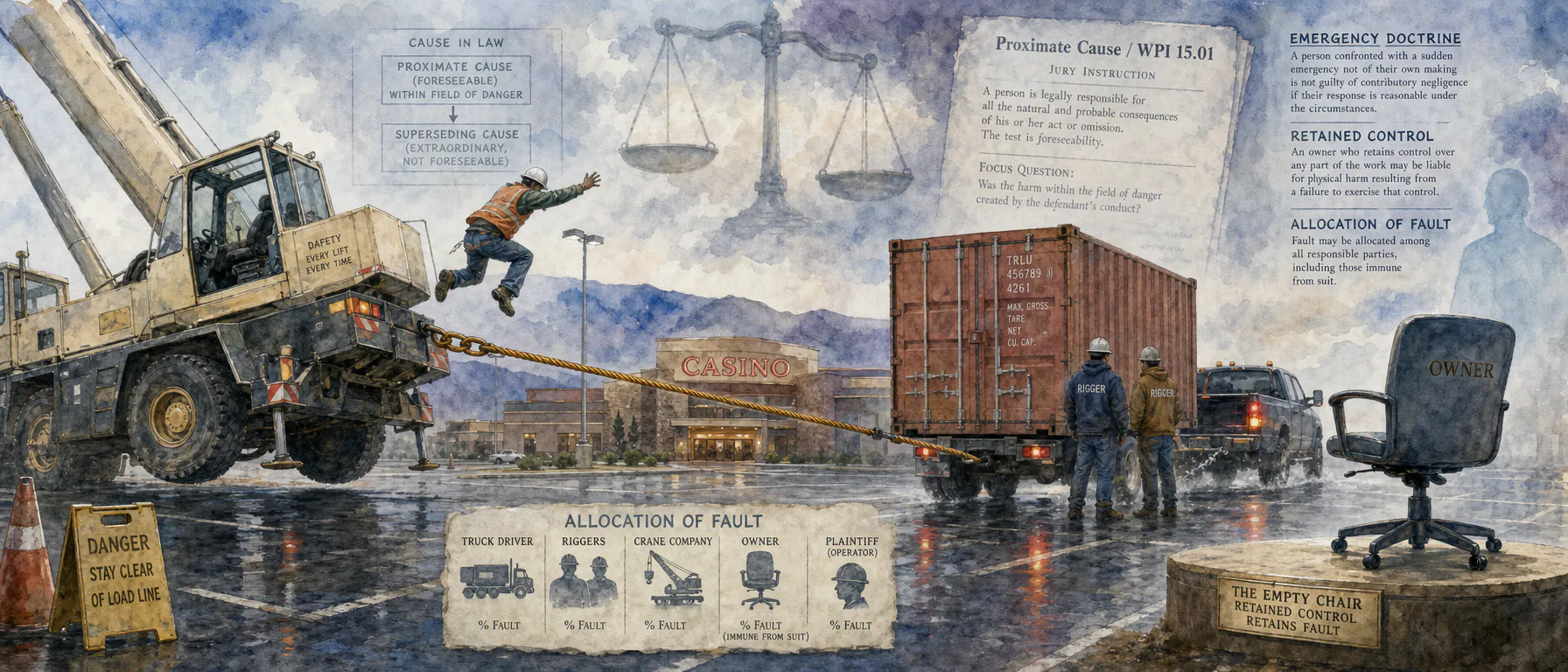 Summary for the artist — main points and themes - Core narrative: A crane operator on tribal casino property jumped from his cab when a truck pulled away while
