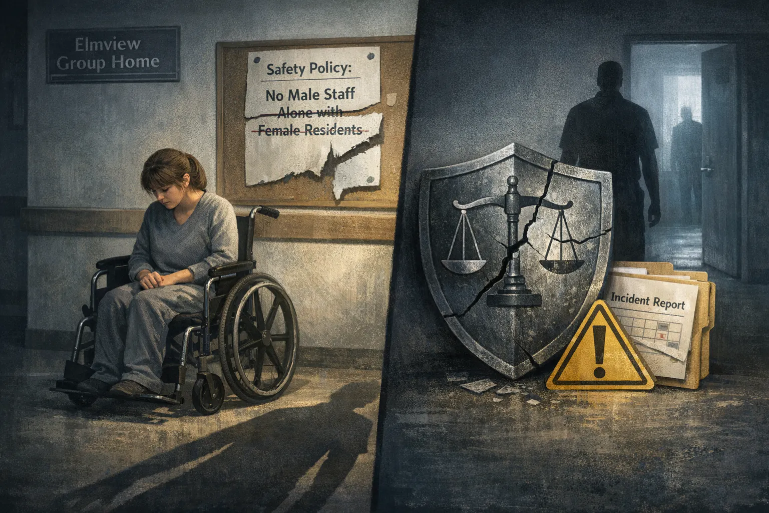Woman in wheelchair under torn sign banning male staff alone; cracked scales shield, incident file, warning triangle and a dark male silhouette in a doorway