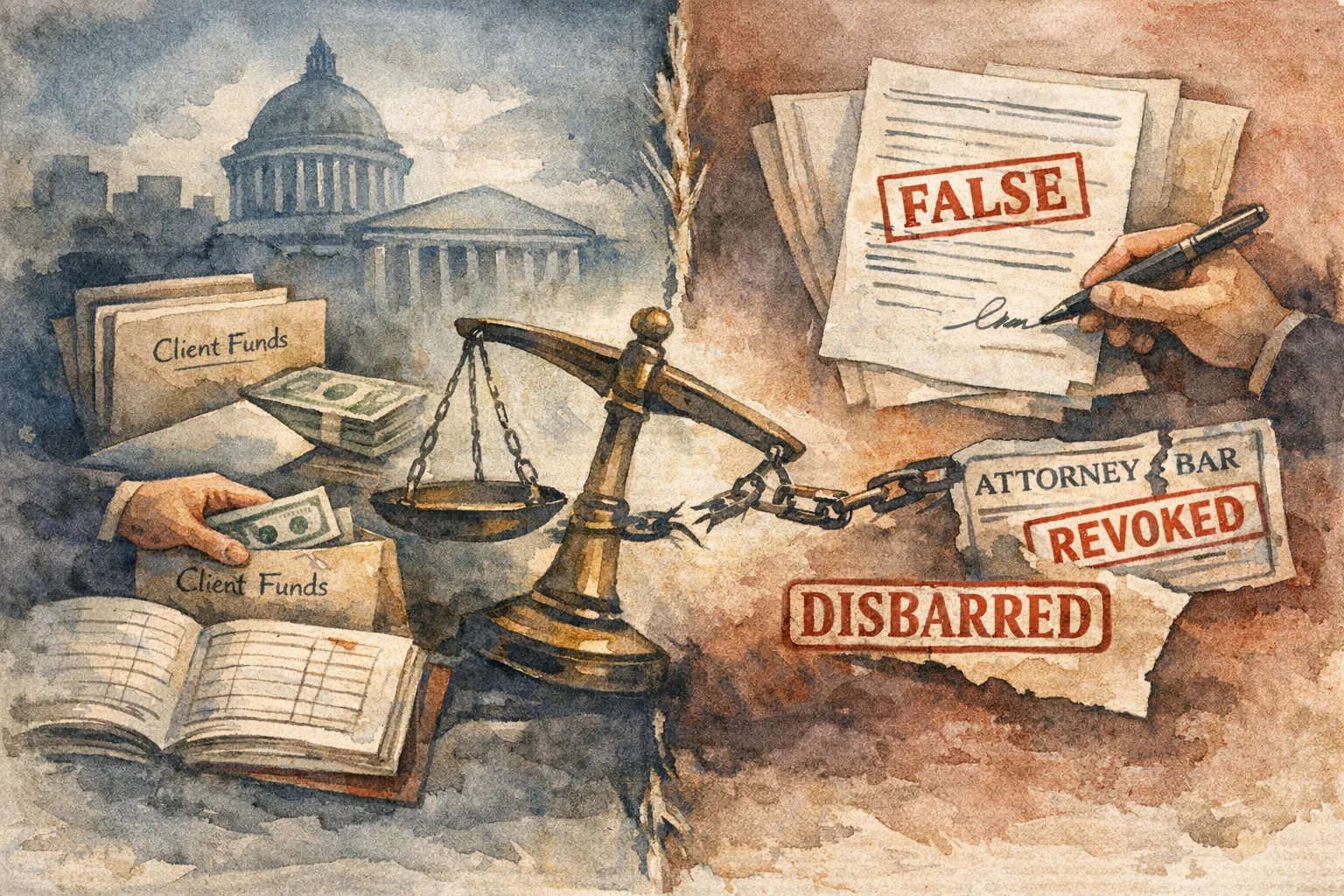 Watercolor of scales of justice with client funds and ledger left and papers stamped FALSE, REVOKED, DISBARRED right, symbolizing lawyer misconduct