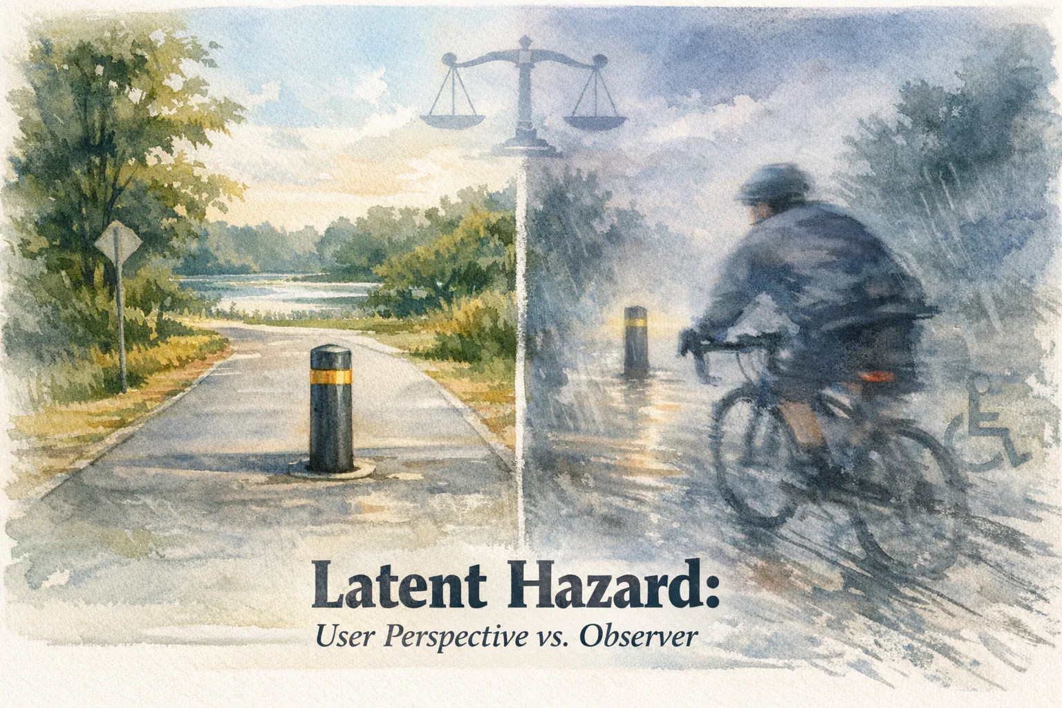 Watercolor split scene: left a sunny path with a short bollard in the center; right a rainy, blurred cyclist nearly hitting the same bollard. Title reads Latent Hazard.