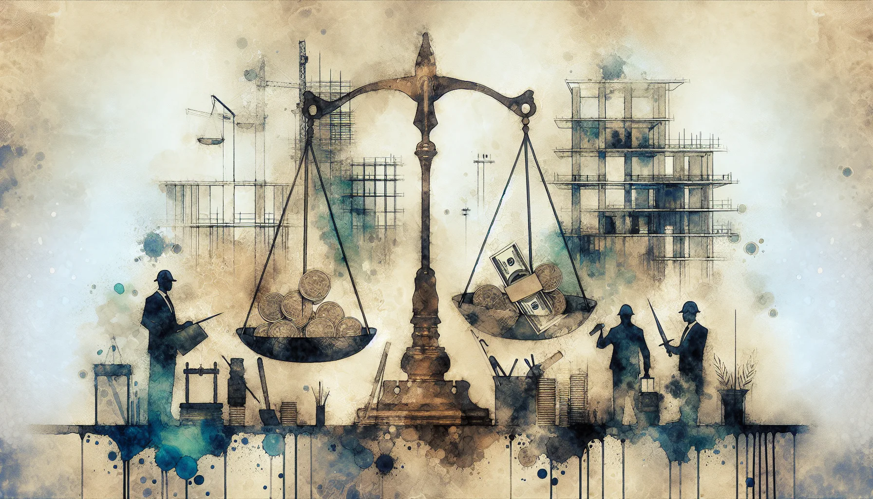 Abstract illustration of a balance scale with coins and money, surrounded by figures and construction elements, symbolizing the relationship between finance and building.