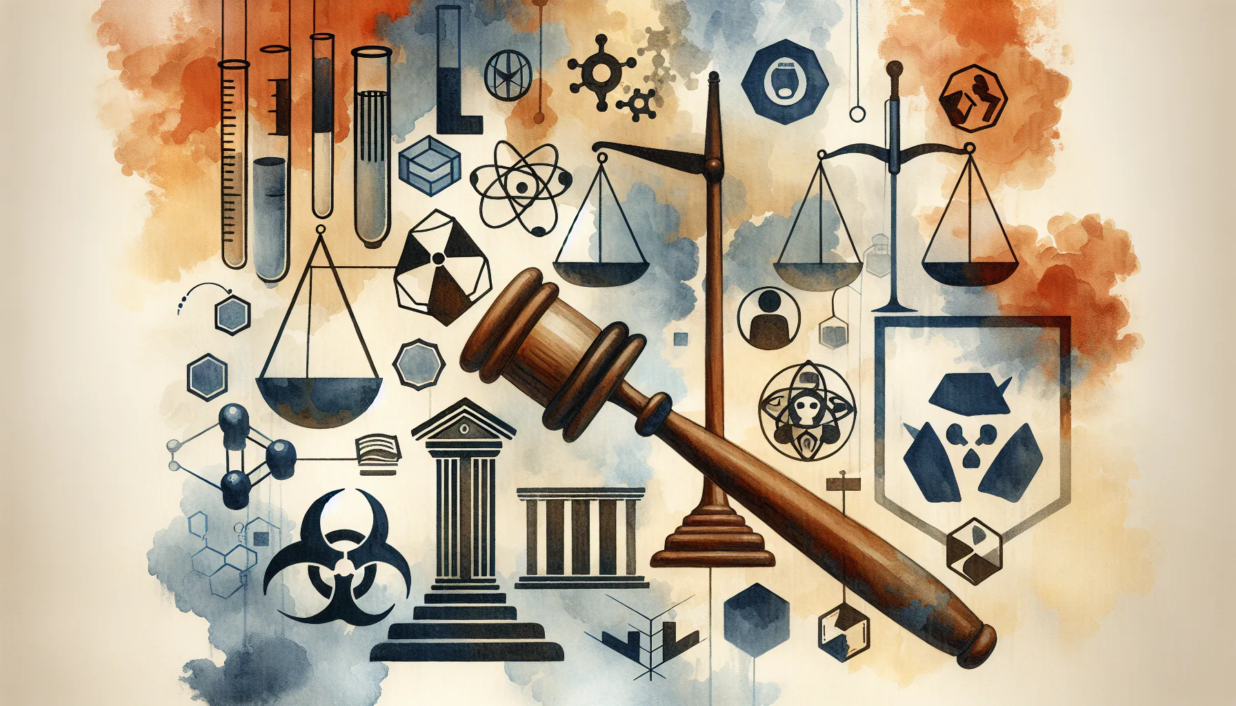 Abstract illustration of law and science symbols, including a gavel, scales, test tubes, biohazard sign, and atomic structure, with a watercolor background in blue and orange.