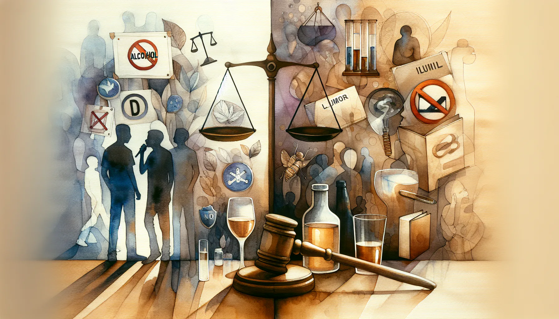 A watercolor illustration showing the contrast between prohibition and legal themes. On the left, symbols of restriction; on the right, justice scales and bottles, gavel in foreground.