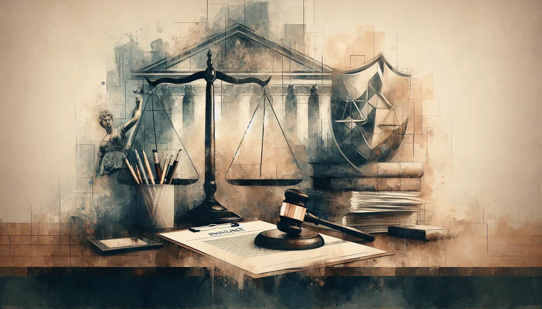 A watercolor illustration of a legal scene with scales of justice, a gavel, legal documents, books, and a shield. A statue of Lady Justice is partially visible on the left.