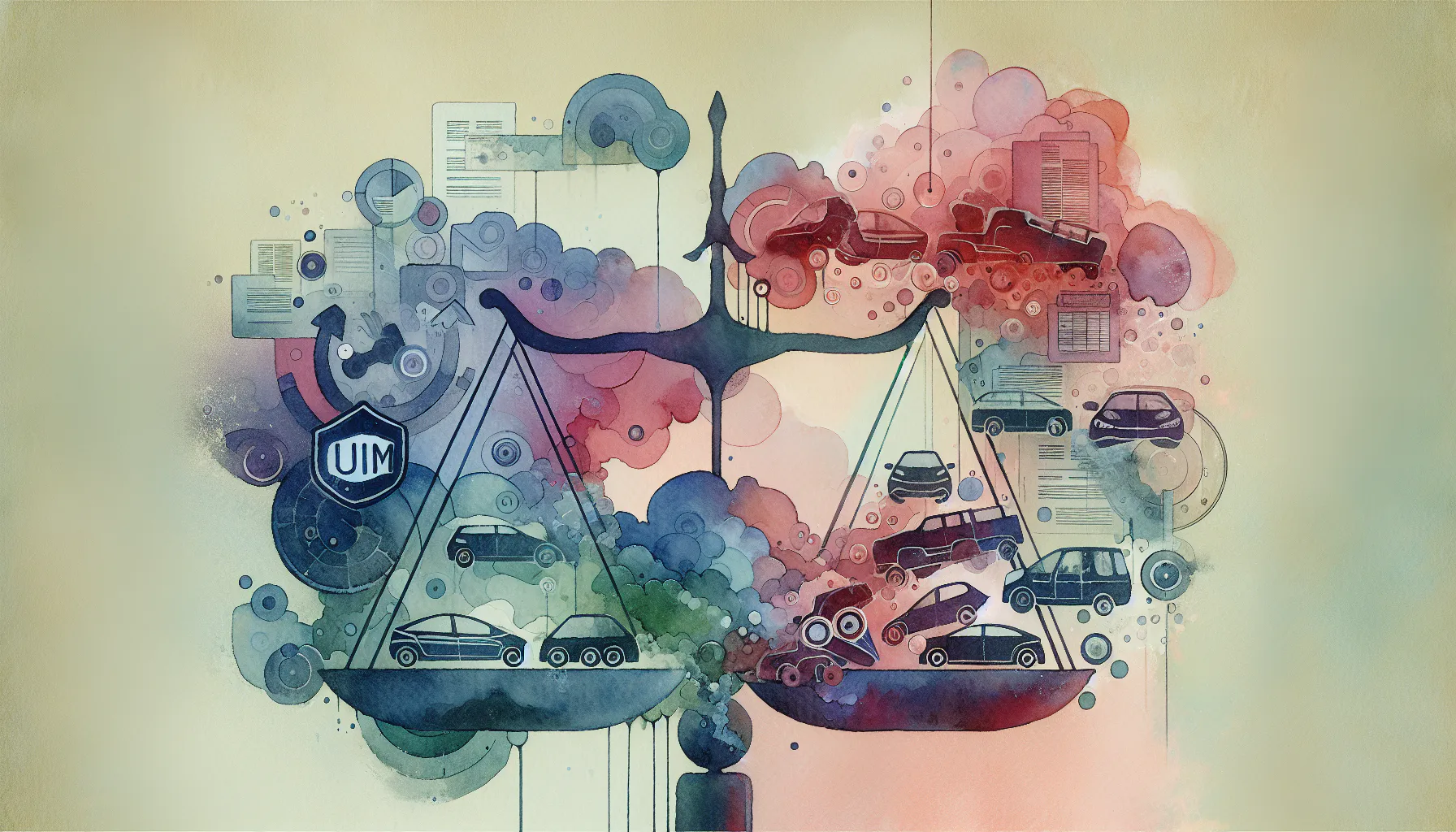 Watercolor illustration of balanced scales with cars and documents, symbolizing auto insurance. UIM emblem and swirling patterns represent underwriting processes and decisions.