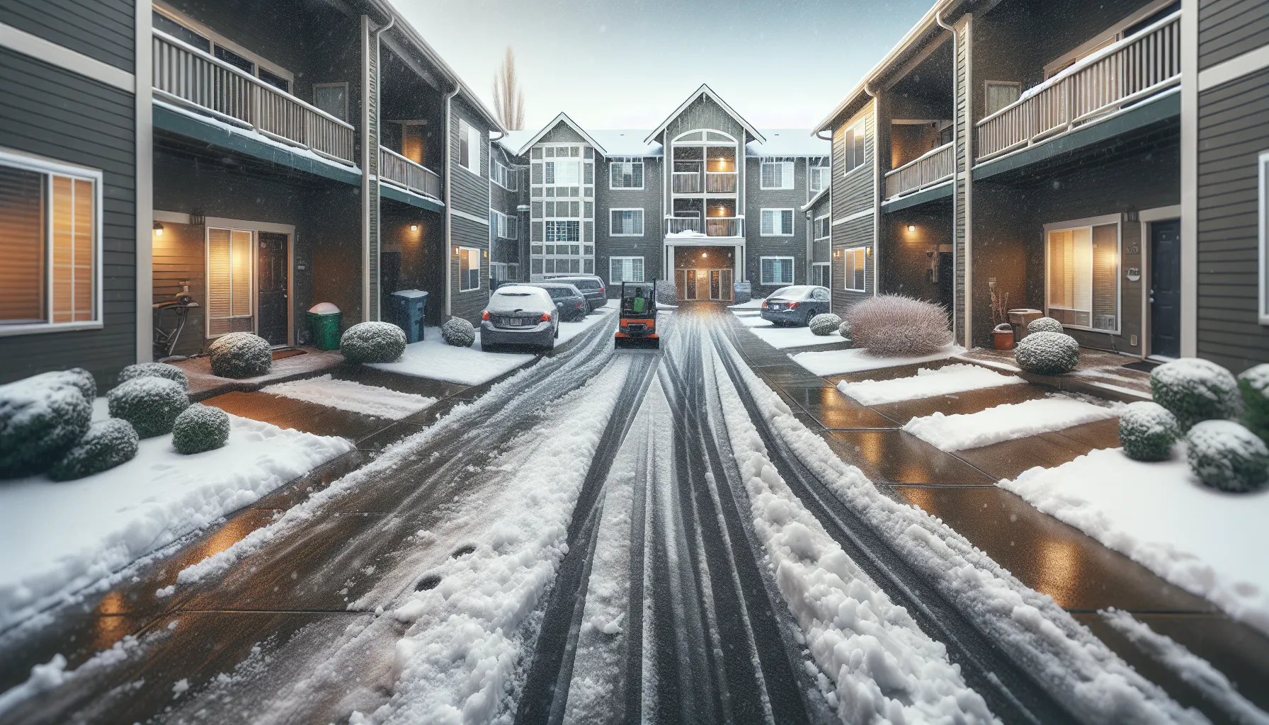Snow-covered apartment complex with cleared paths. A small plow vehicle is parked on the road, surrounded by parked cars and illuminated windows in the early evening light.