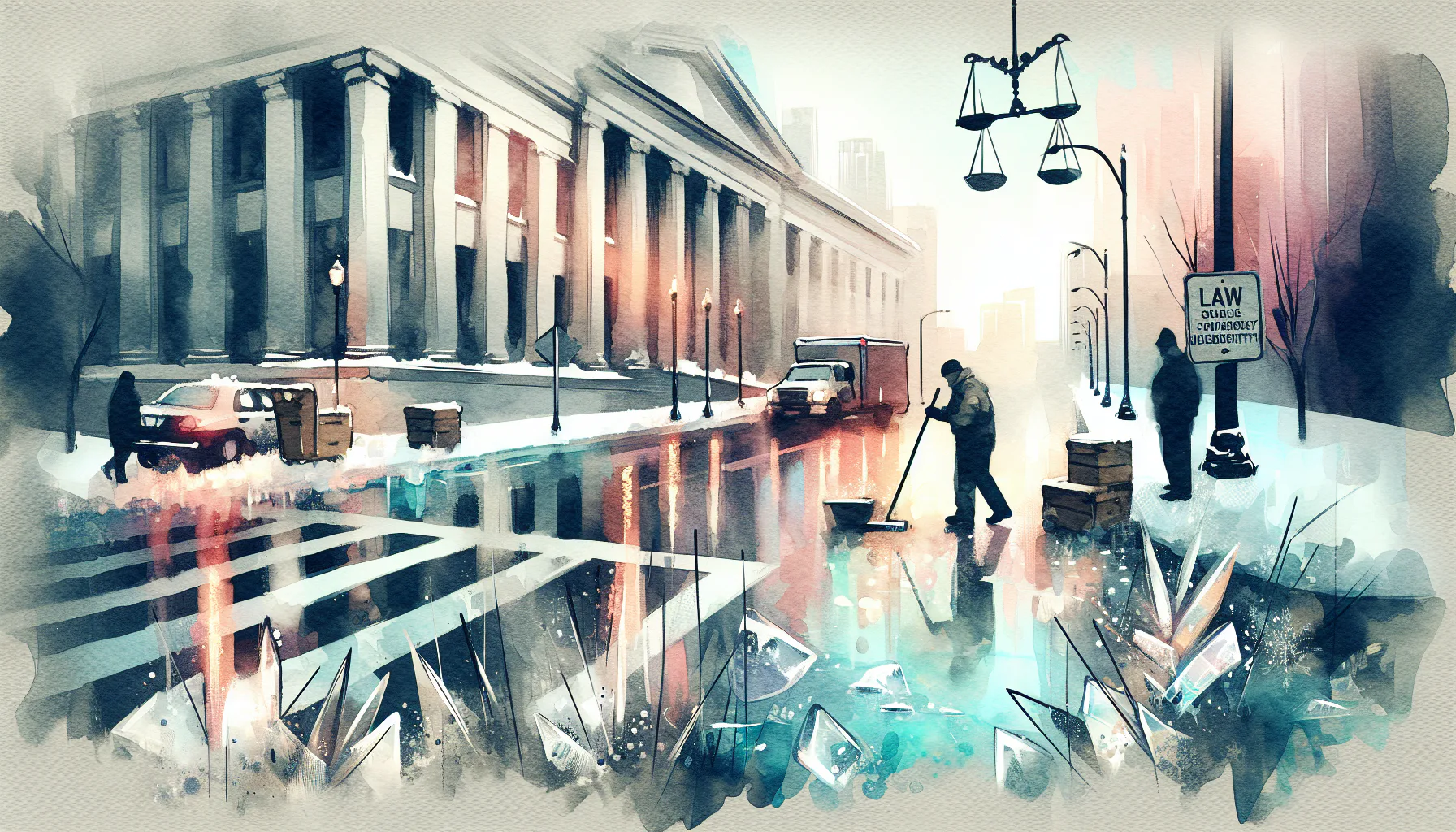 A watercolor cityscape shows a snow-covered street with reflections on wet pavement. A person shovels snow near a courthouse, while another stands by a law sign.