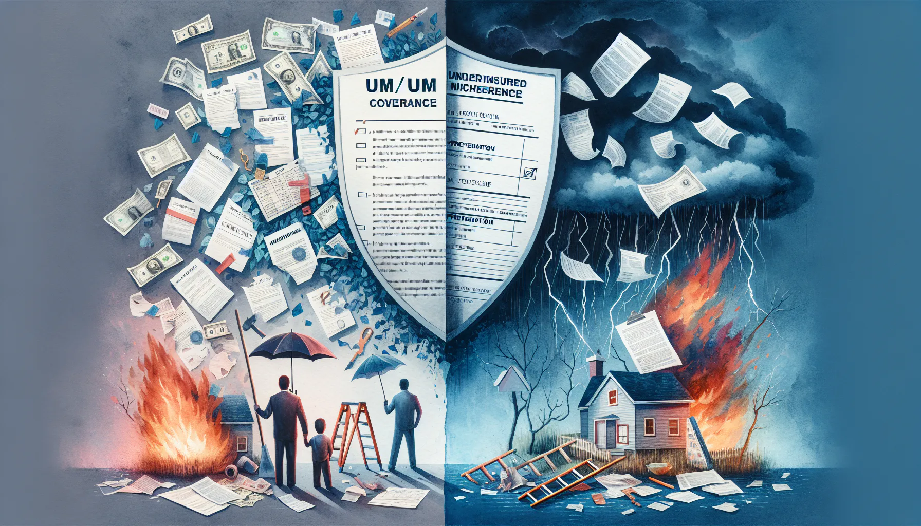 Split image illustrating insurance coverage: one side shows stability and protection with documents and money; the other depicts chaos with storms, fire, and paperwork flying.