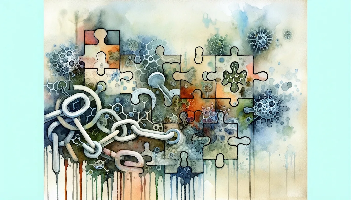 Abstract watercolor of interlocking puzzle pieces and a tangled metal chain overlaid with molecular and virus-like shapes, multicolored washes and dripping paint