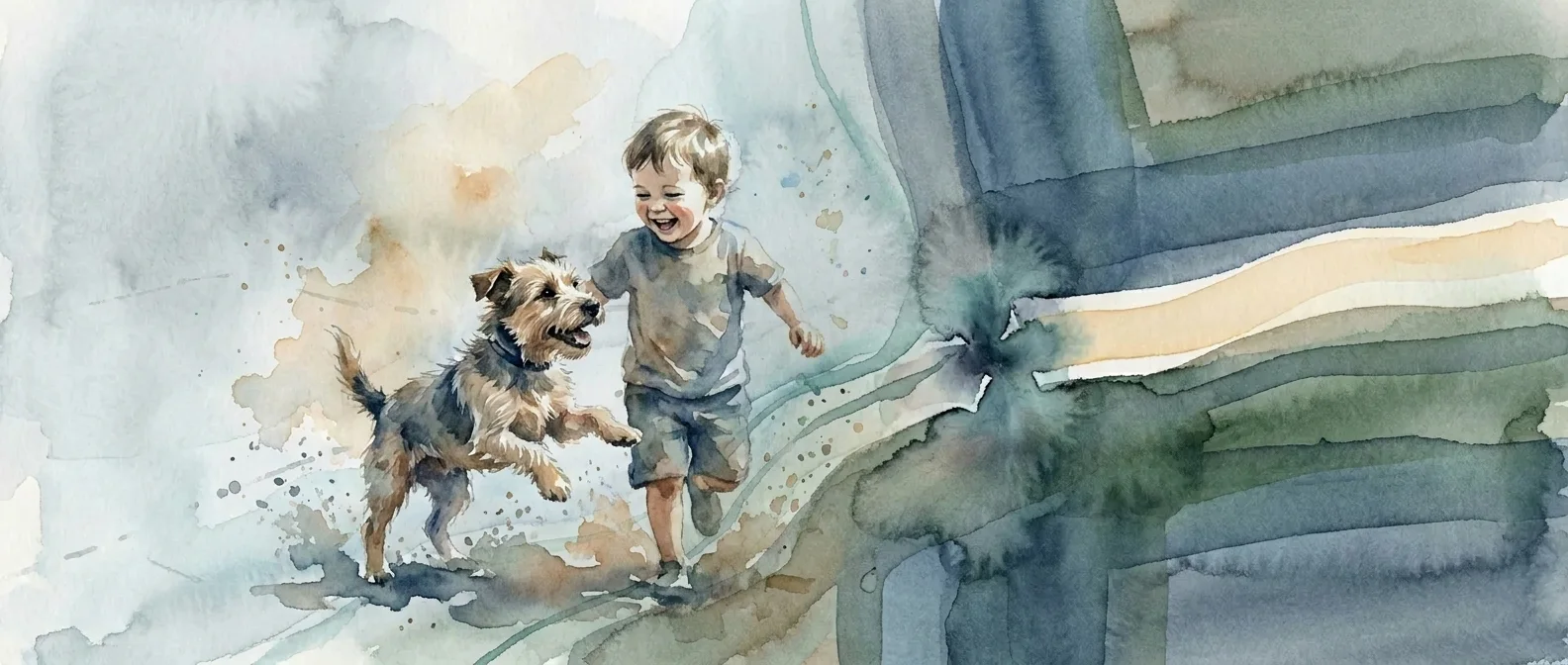 Watercolor painting of a smiling young boy running and playing with a small terrier-like dog against an abstract blue-green watercolor background