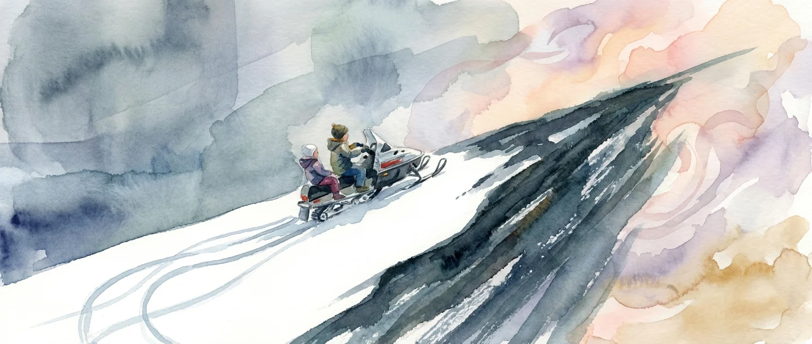Watercolor painting of two people in winter clothing riding a snowmobile up a snowy slope, leaving looping tracks against abstract blue and pink watercolor sky.