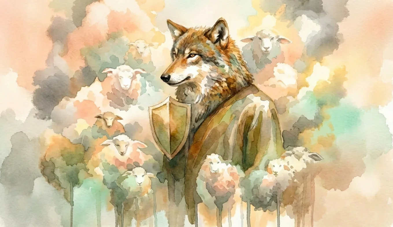 Watercolor illustration of a wolf in sheep's clothing, surrounded by sheep. The wolf wears a coat and holds a shield, blending into a background of soft colors.