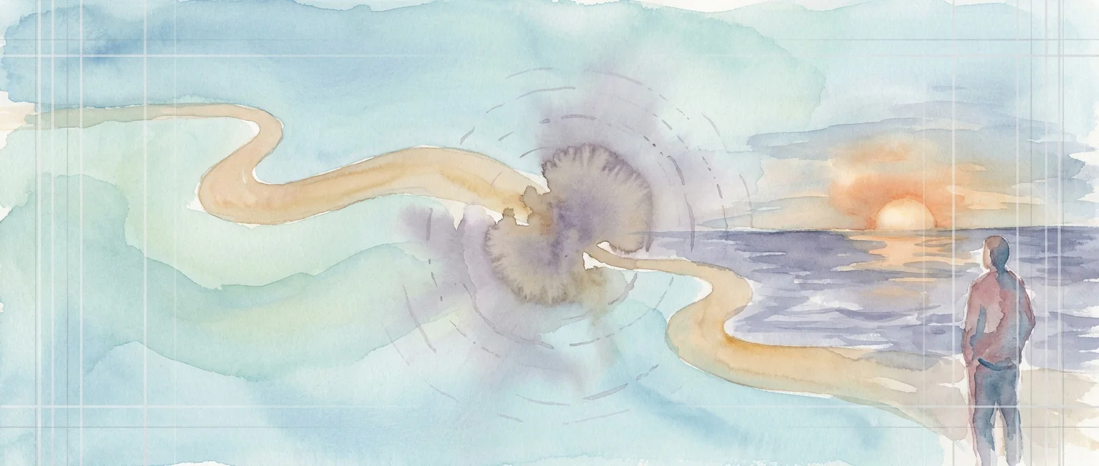 Watercolor of a lone person standing on a beach at sunset, watching a winding sandy path across the sea that leads to a central circular ripple or blotch