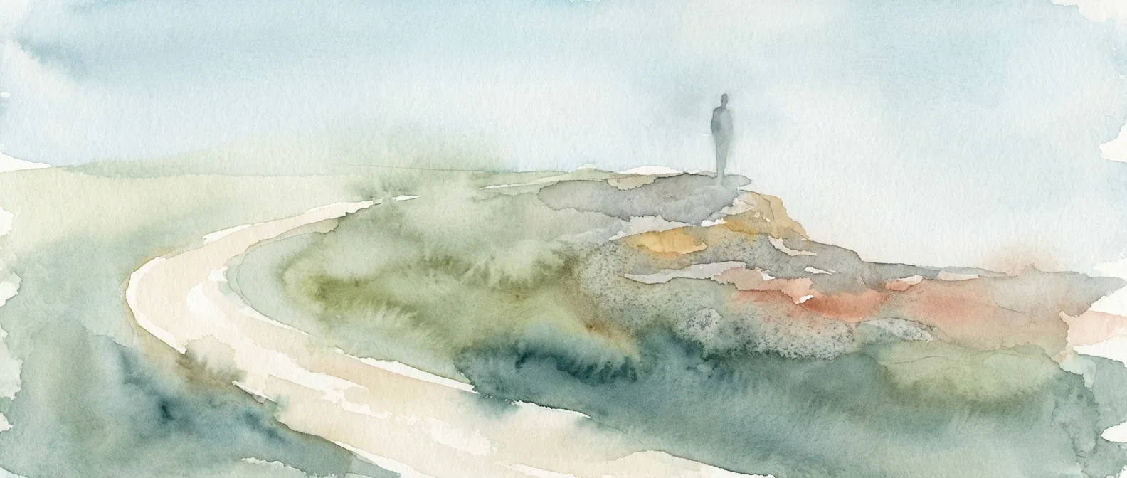 Watercolor landscape of a winding pale path or shoreline curving through muted green and blue washes with a lone gray silhouette standing on a distant cliff