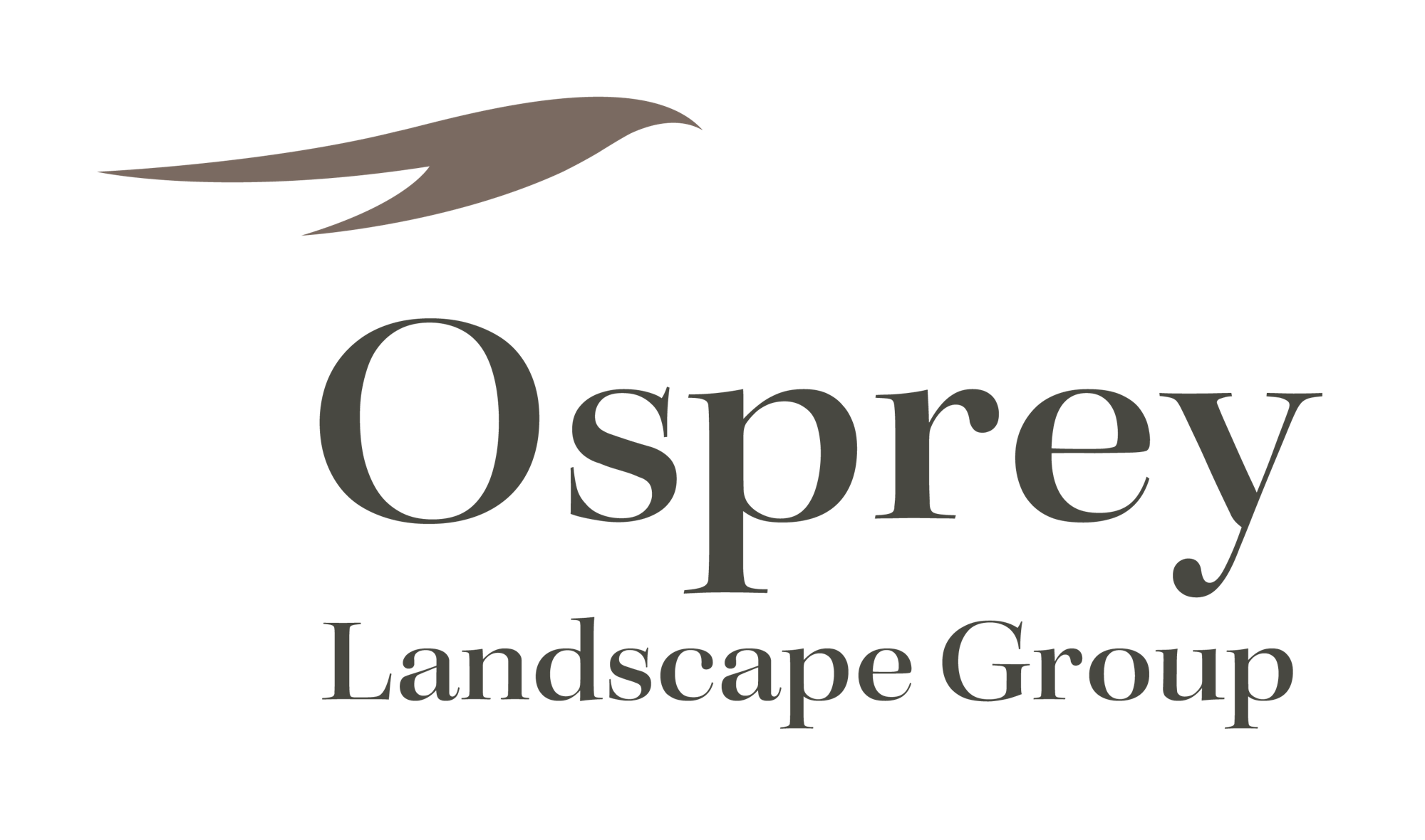 Stylized brown bird logo above large serif word Osprey with Landscape Group below on black background
