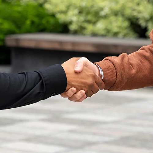 Two people shaking hands outdoors, one in a black shirt and the other in a brown jacket, with greenery in the background.
