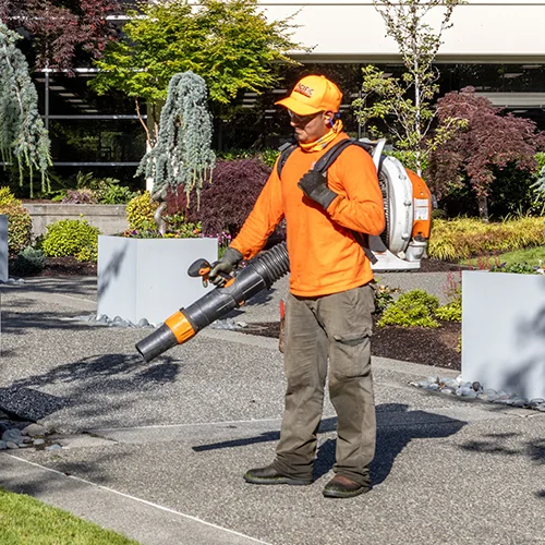 A landscaper in an orange shirt and hat uses a leaf blower in a landscaped garden area with various plants and trees. He is wearing a backpack style blower and standing on a paved pathway.