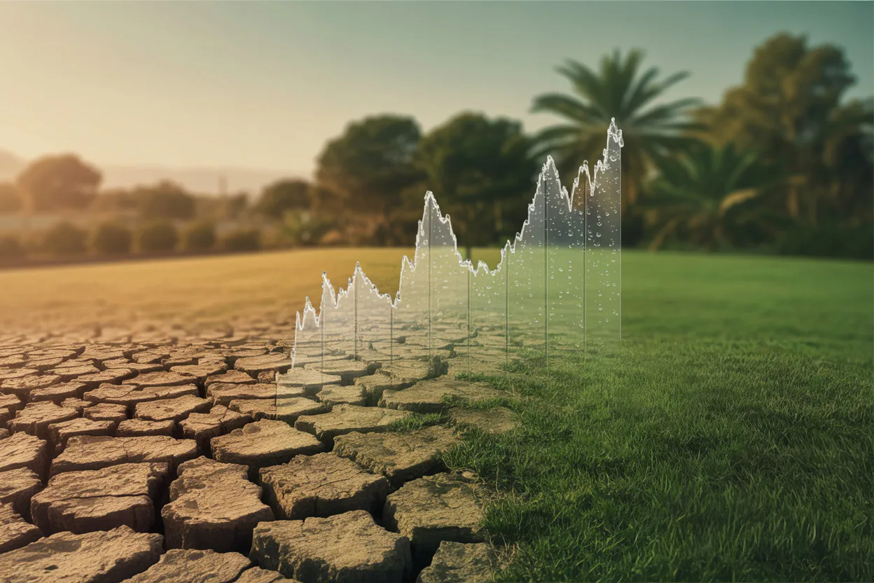 Cracked, dry soil transitions into lush green grass, overlayed with a graph of rising data points and water droplets, symbolizing environmental change or recovery.