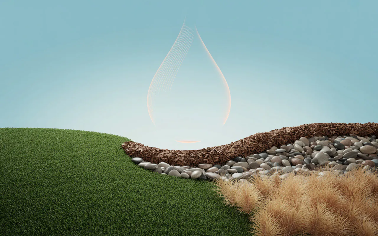 A stylized landscape with a green grassy hill, pebble and bark section, and a patch of beige grass, under a blue sky with an ethereal, translucent droplet shape hovering.