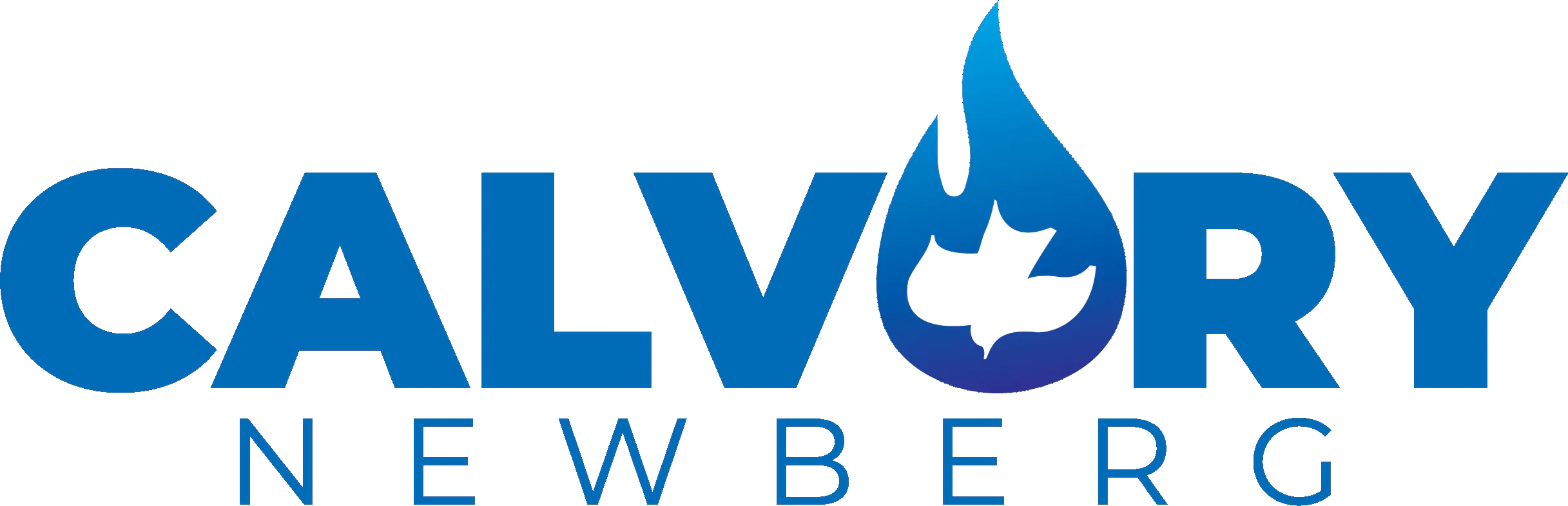 The logo for Calvary Newberg features the name in blue capital letters with a blue flame symbol containing a white dove inside, representing the Holy Spirit.