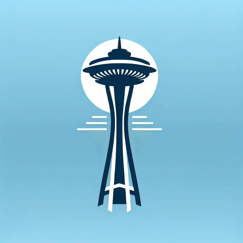 Stylized graphic of the Seattle Space Needle in navy and white against a light blue background with a white circle behind the tower and horizontal accent lines