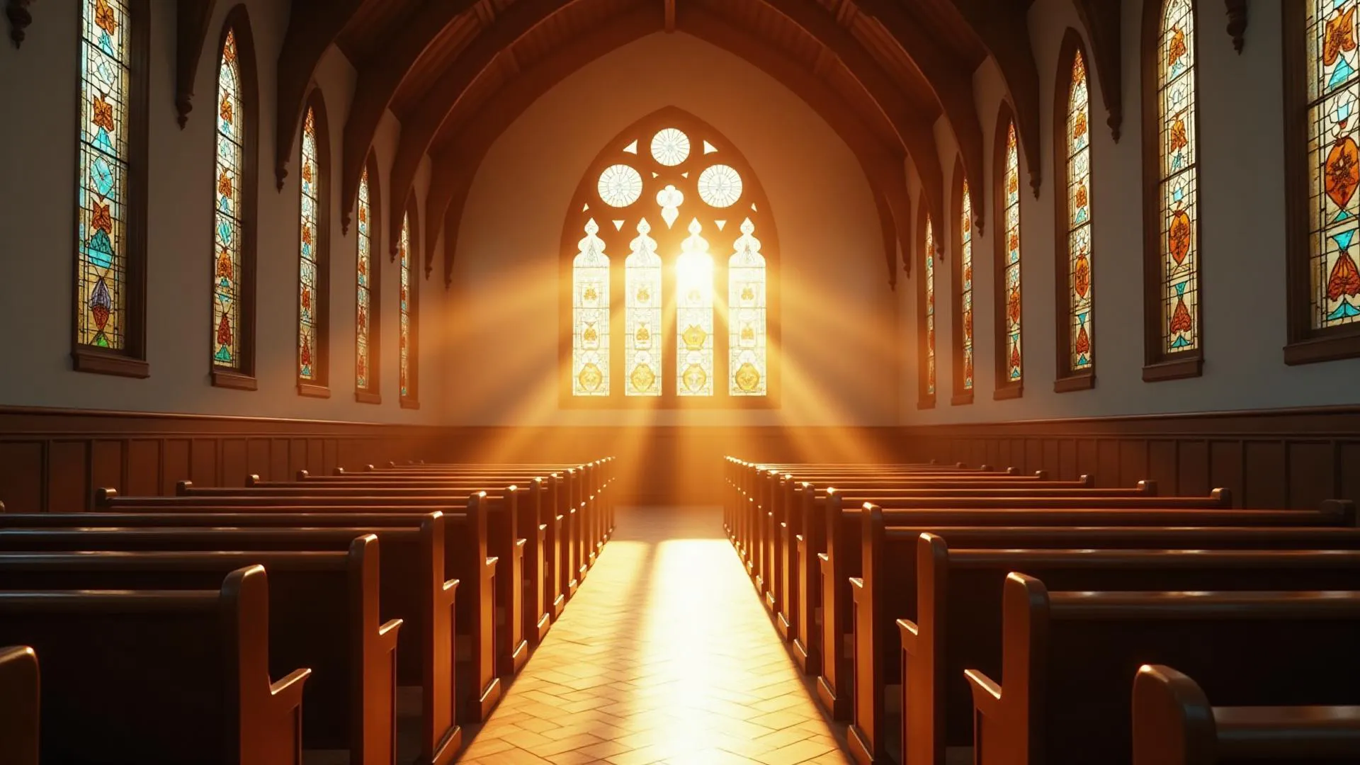 Sunlight streams through ornate stained glass windows, illuminating wooden pews inside a church. The warm glow highlights the intricate designs and peaceful atmosphere.