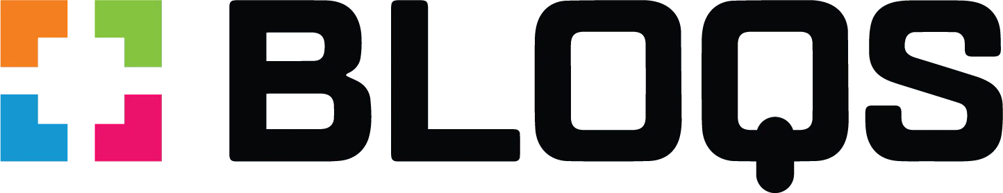 Logo with the word BLOQS in bold black letters. To the left, four colorful squares—orange, green, blue, and pink—form a plus sign shape.