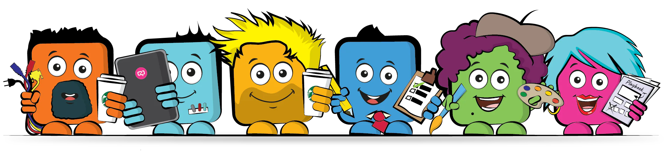 Six colorful cartoon characters holding various items like cables, a tablet, coffee, a checklist, a paint palette, and a playbook, all with cheerful expressions.