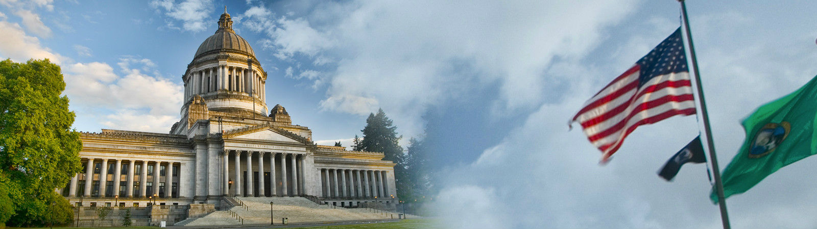 The image shows the Washington State Capitol building with its grand architecture on the left, set against a partly cloudy sky. On the right, U.S. and Washington State flags are waving.