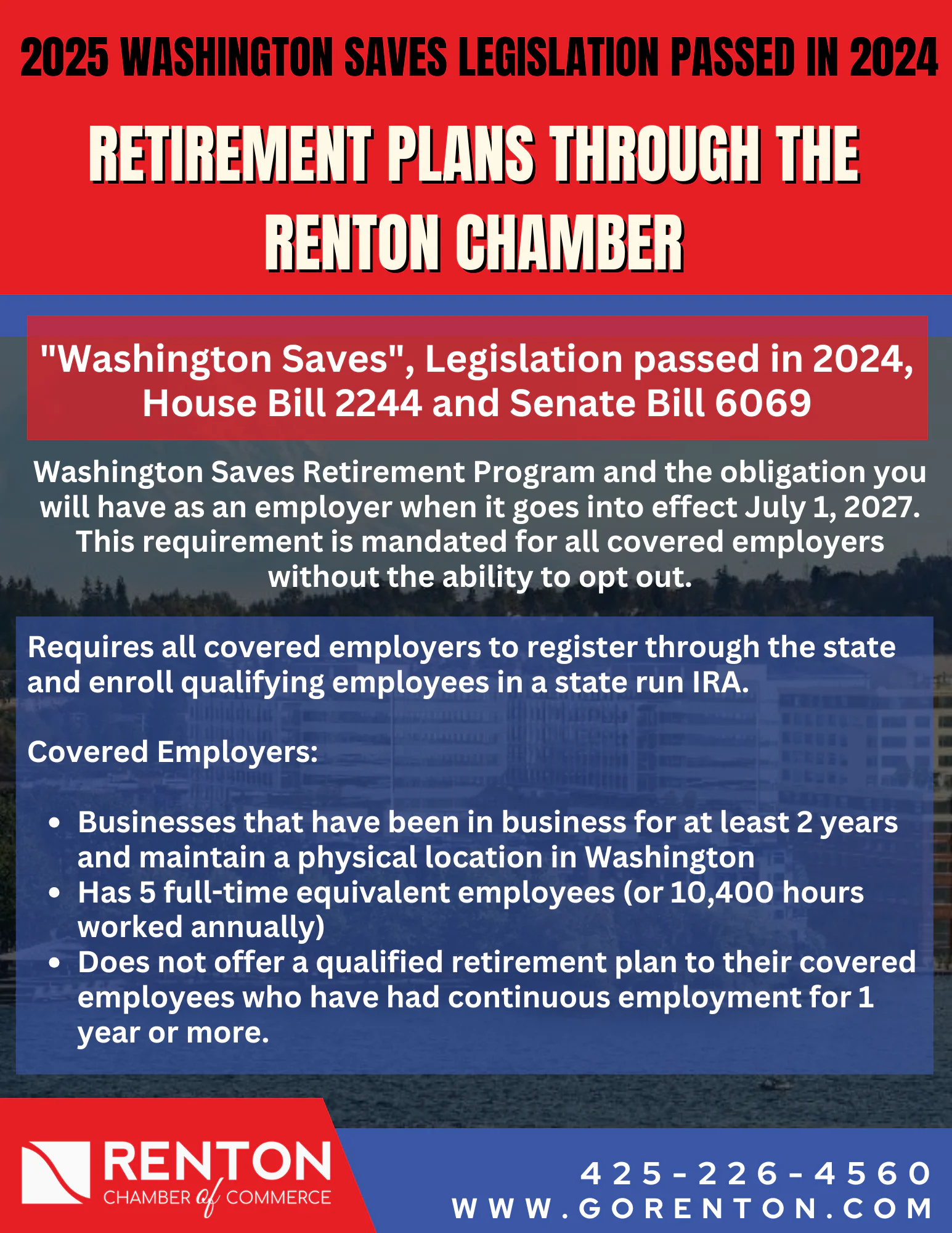Retirement plans through Renton Chamber promoted as part of 2025 Washington Saves legislation. Details include employer obligations and qualifications. Contact info provided.