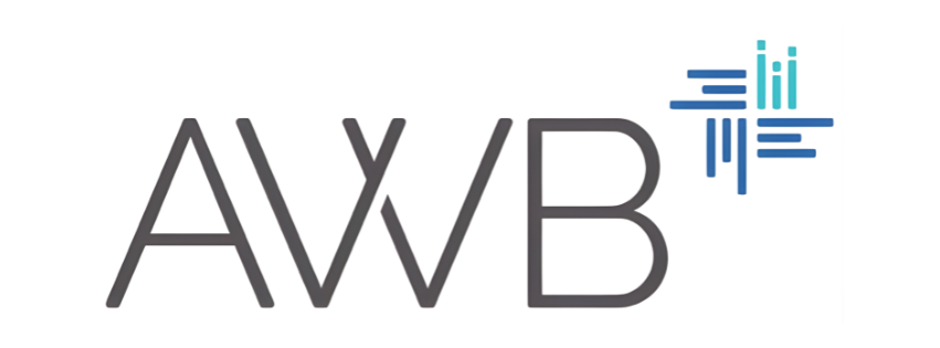 AWB logo with stylized blue and teal bars forming a cross pattern on the upper right.