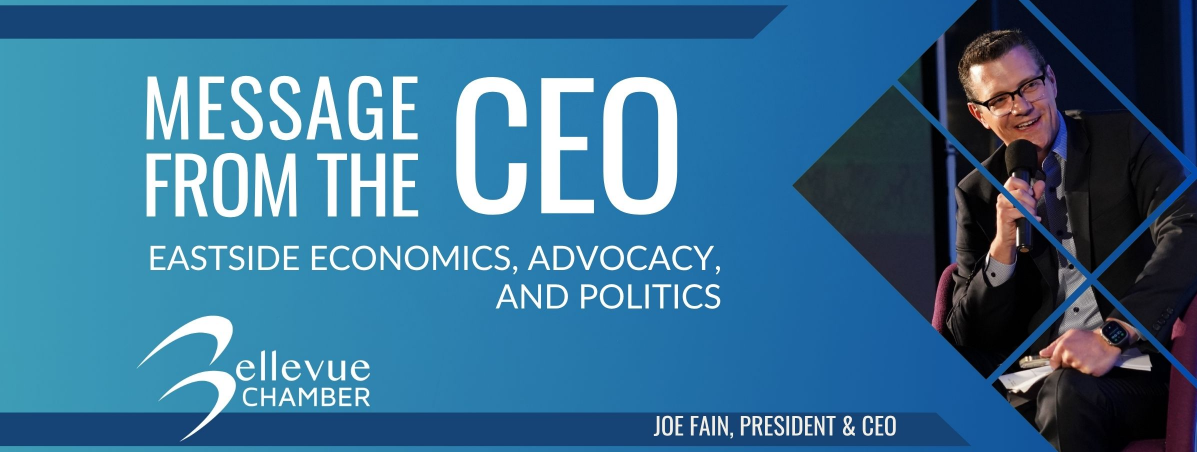 Blue banner reading MESSAGE FROM THE CEO with Bellevue Chamber logo and photo of a man holding a microphone on stage with caption CEO