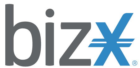 BizX logo with lowercase gray biz followed by a stylized blue x with two horizontal bars
