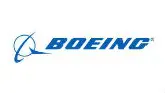 Boeing logo in blue, featuring the company name in bold letters alongside a stylized depiction of a circular shape with a horizontal line extending from it.