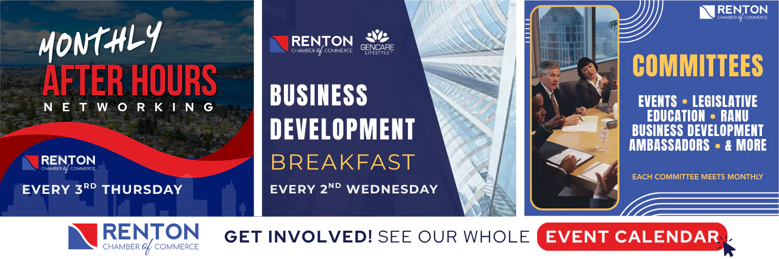 Renton Chamber banner promoting Monthly After Hours networking, Business Development Breakfast, committees, and event calendar.