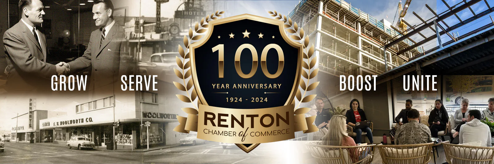 Historic and modern Renton scenes with text 
