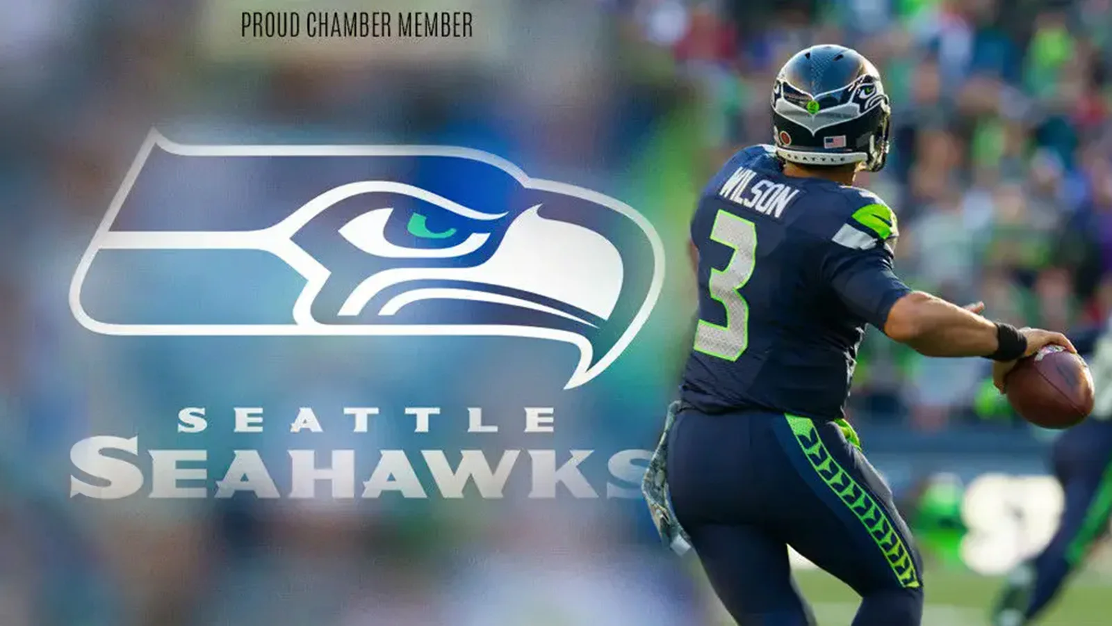 Seattle Seahawks logo on the left, alongside a football player wearing a Seahawks uniform with the number 3, in a stadium setting. Text above reads 
