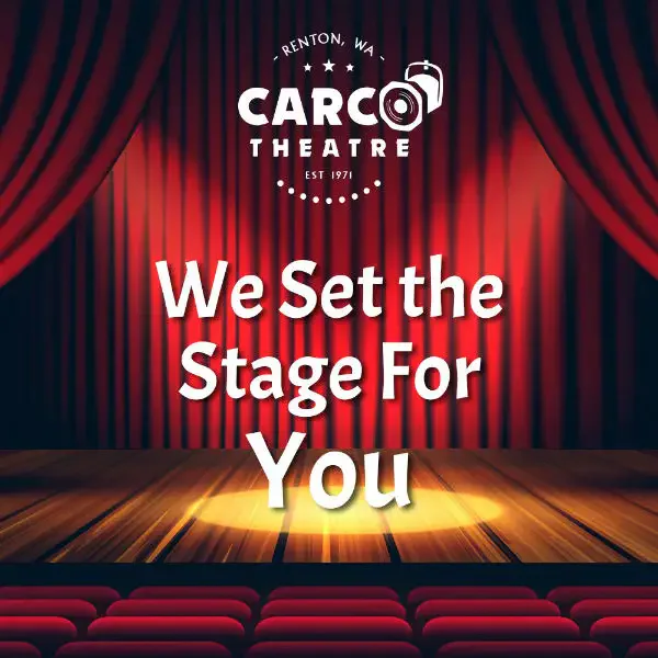 Red theater stage with spotlight on wooden floor and red curtains. Text reads: 