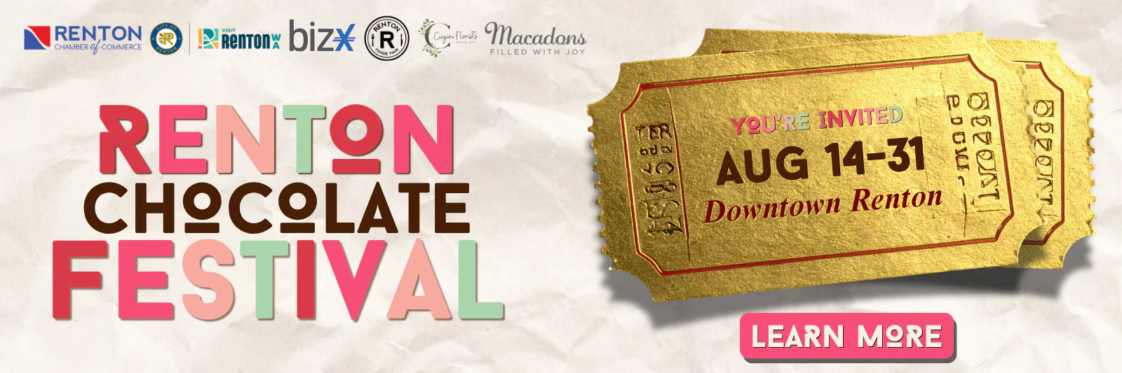 Renton Chocolate Festival banner with colorful text and gold ticket showing Aug 14-31, Downtown Renton