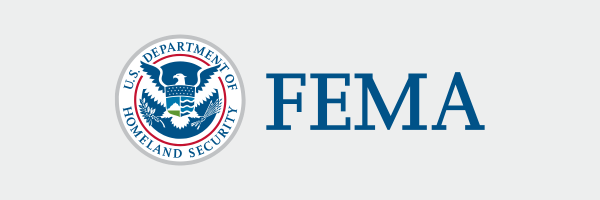 U.S. Department of Homeland Security seal next to FEMA wordmark on a light gray background.