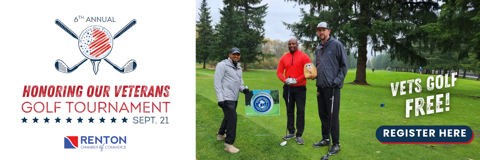 Promotional graphic for 6th annual 'Honoring Our Veterans' golf tournament and photo of three golfers on a course