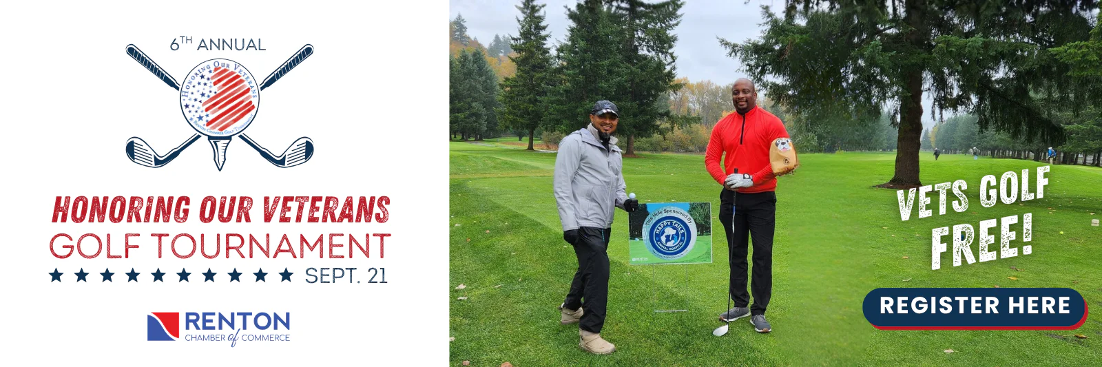 Two men on a golf course next to a tournament sign; left panel shows 'Honoring Our Veterans Golf Tournament' promotional graphic.