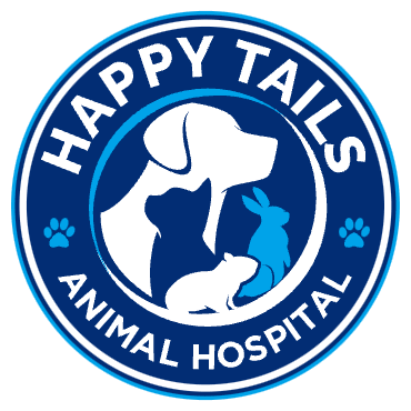 Circular blue logo reading HAPPY TAILS ANIMAL HOSPITAL with white silhouettes of a dog, cat, rabbit and small rodent and two paw prints
